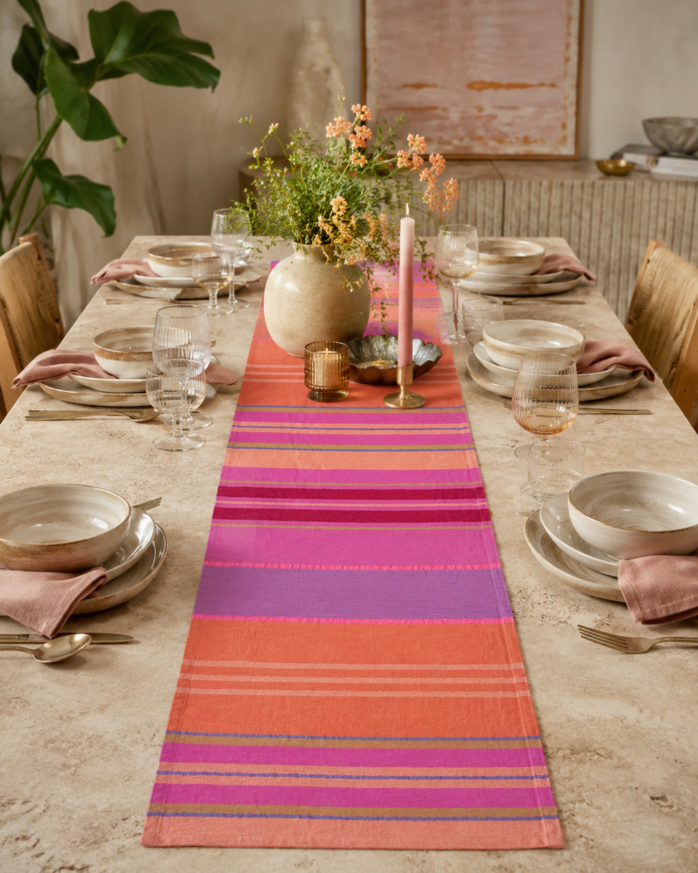 Anthropologie Knit Table Runner 16" x 90" Cotton Boho Aztec Southwest Stripes